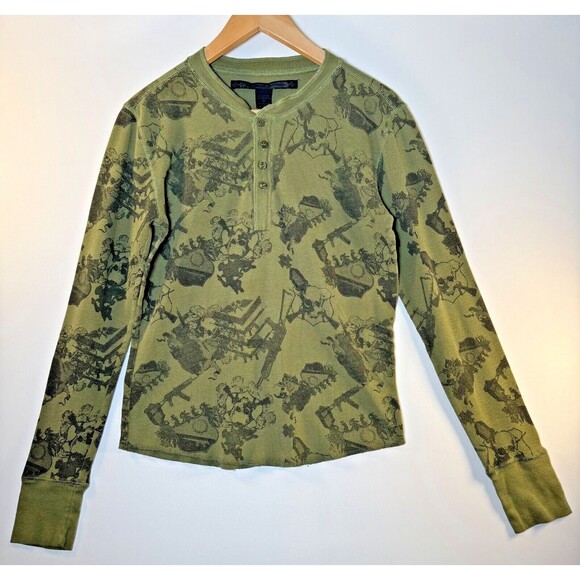 Our Silent Procession Henley Top Women Medium Green Skull Print Long Sleeve Y2K - Picture 1 of 11